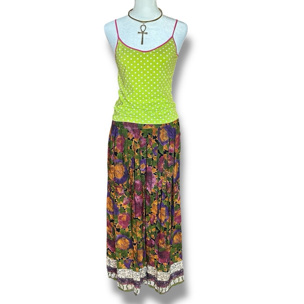 VTG Marsha Brander Componix Rayon Maxi Skirt Boho Floral Pleated Long Sz 6 USA